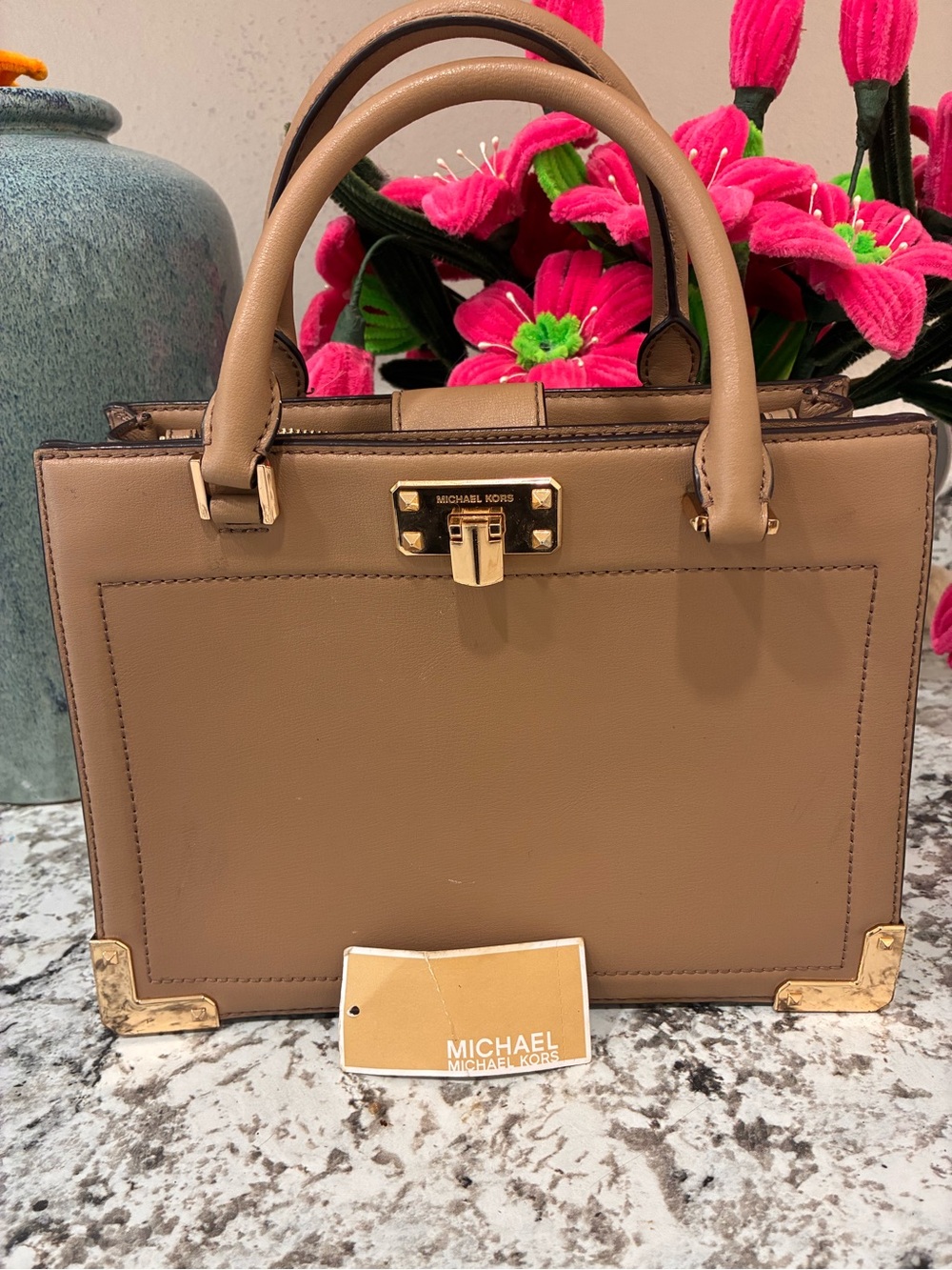 Michael Kors Taupe Leather Structured Satchel with Gold Hardware